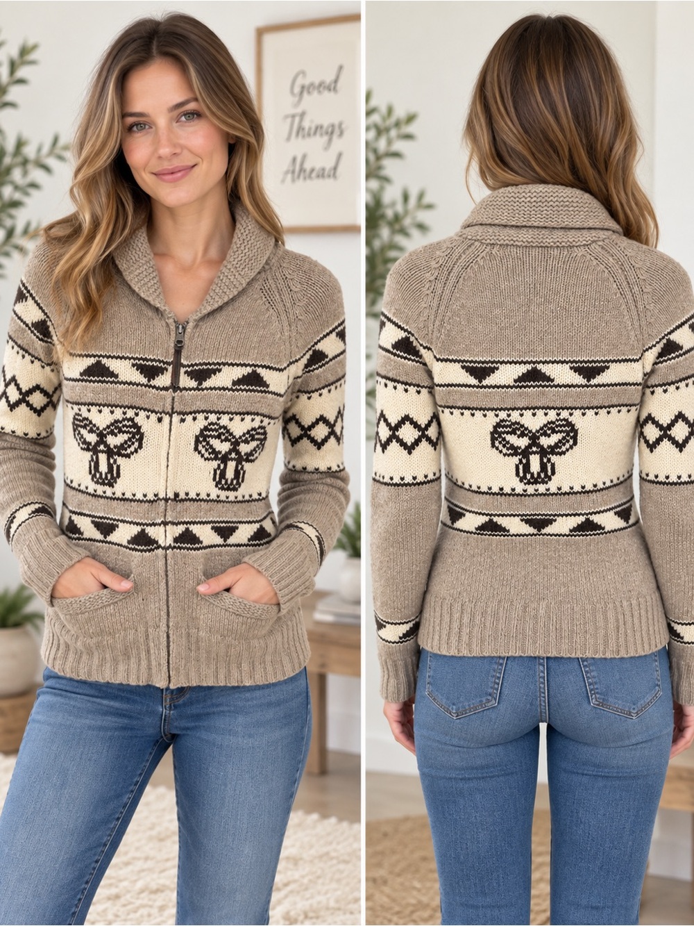 TNA Aritzia 100% Lambswool Fair Isle Zip Sweater Cardigan Small